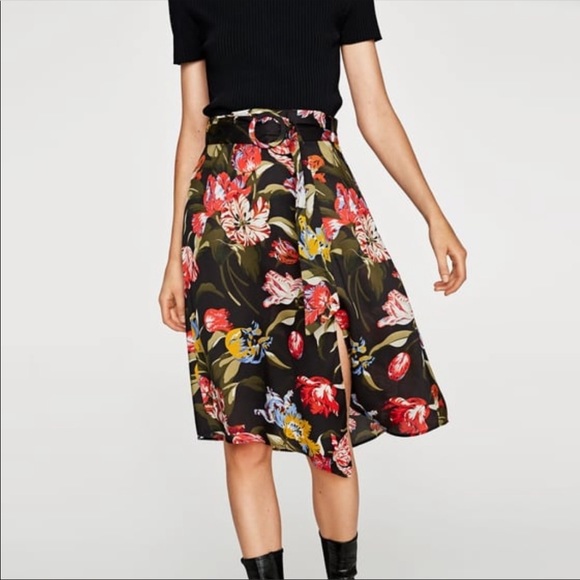 Zara Dresses & Skirts - Zara Floral black Belted Satin Skirt XS